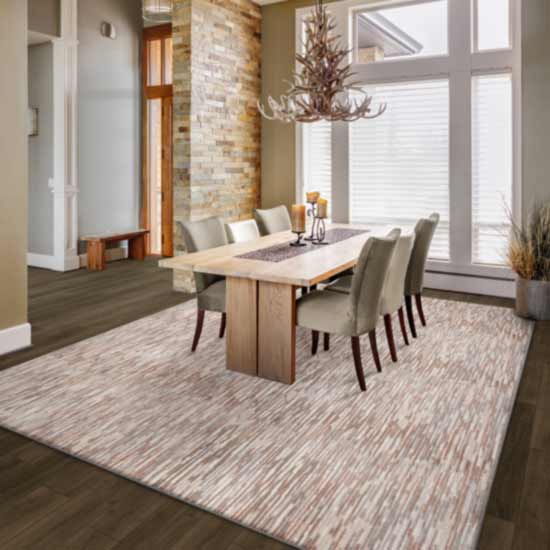 red patterned area rug in dining room